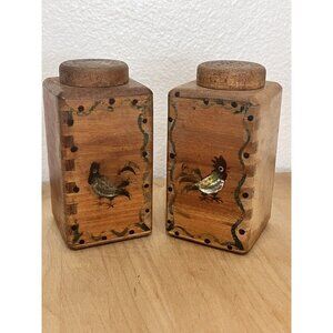Vintage Woodpecker Woodware Rooster Wood Salt & Pepper Shakers Hand Made Painted